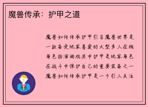魔兽传承：护甲之道